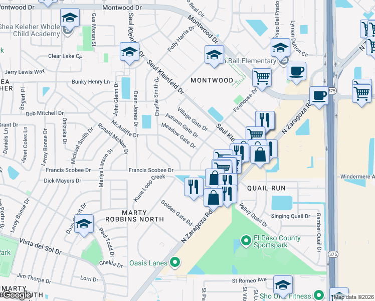 map of restaurants, bars, coffee shops, grocery stores, and more near 11965 McAuliffe Drive in El Paso