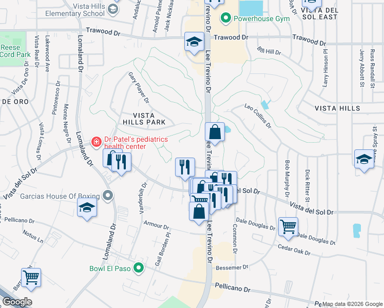 map of restaurants, bars, coffee shops, grocery stores, and more near 1601 Lee Trevino Drive in El Paso