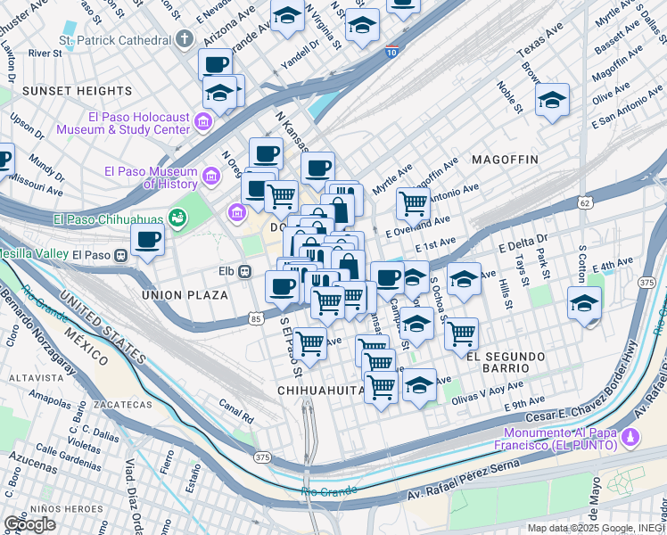 map of restaurants, bars, coffee shops, grocery stores, and more near in El Paso