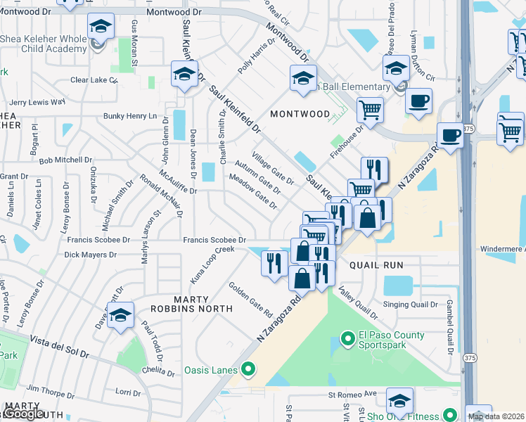 map of restaurants, bars, coffee shops, grocery stores, and more near 11977 McAuliffe Drive in El Paso