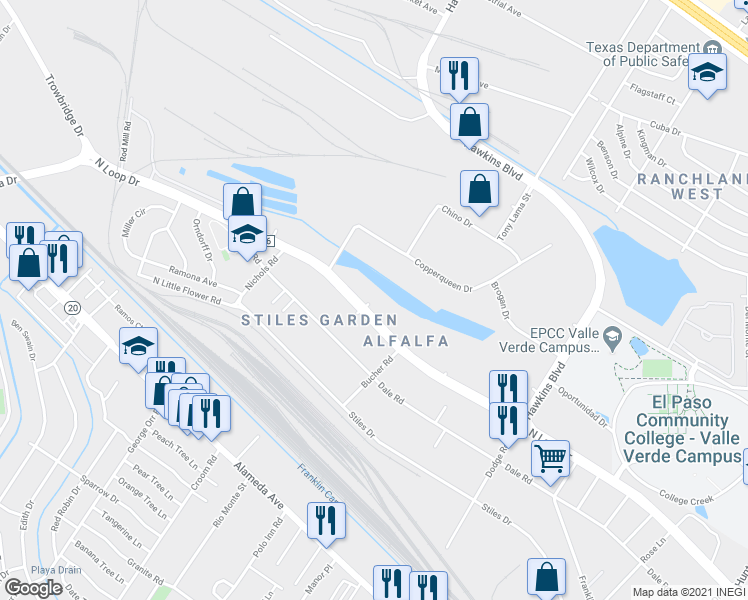 map of restaurants, bars, coffee shops, grocery stores, and more near 7167 North Loop Drive in El Paso