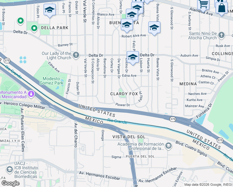 map of restaurants, bars, coffee shops, grocery stores, and more near 661 De Vargas Drive in El Paso