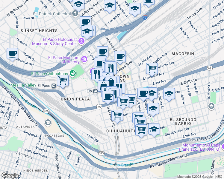 map of restaurants, bars, coffee shops, grocery stores, and more near 384 Alley East in El Paso