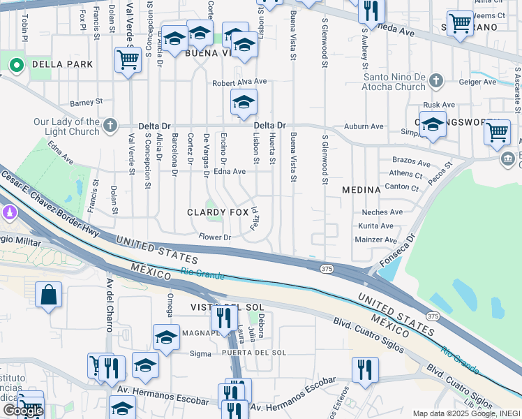 map of restaurants, bars, coffee shops, grocery stores, and more near 725 Feliz Place in El Paso