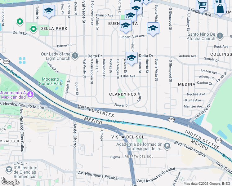 map of restaurants, bars, coffee shops, grocery stores, and more near 661 De Vargas Drive in El Paso