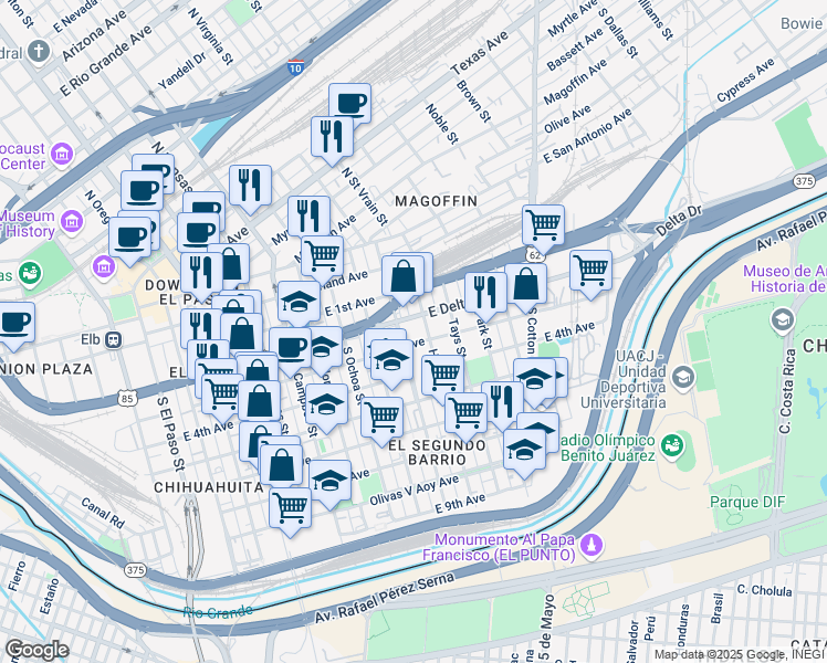 map of restaurants, bars, coffee shops, grocery stores, and more near 400 South Virginia Street in El Paso