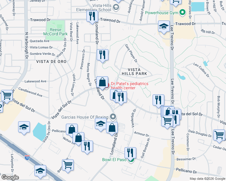 map of restaurants, bars, coffee shops, grocery stores, and more near 1594 Bengal Drive in El Paso