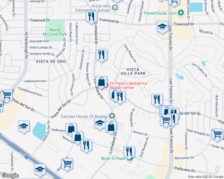 map of restaurants, bars, coffee shops, grocery stores, and more near 1594 Bengal Drive in El Paso