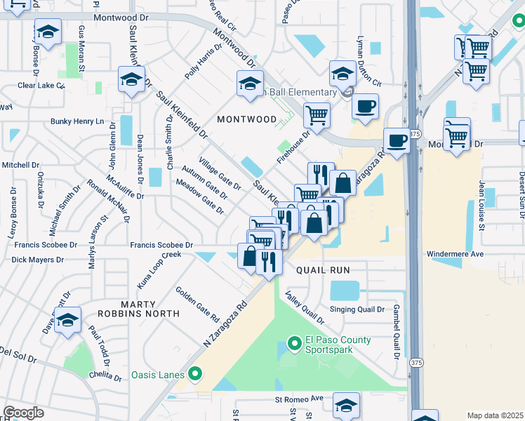 map of restaurants, bars, coffee shops, grocery stores, and more near 12149 Francis Scobee Drive in El Paso