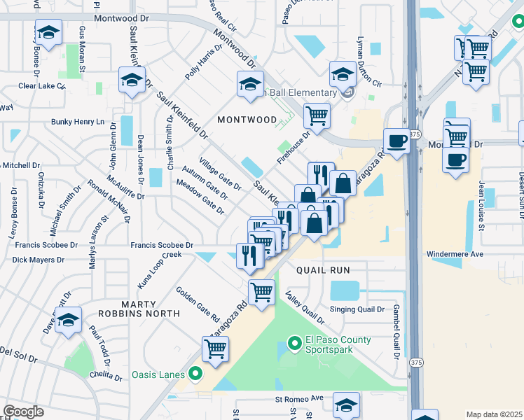map of restaurants, bars, coffee shops, grocery stores, and more near 12149 Francis Scobee Drive in El Paso