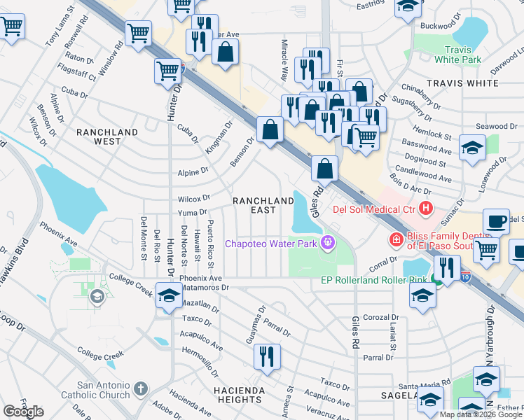 map of restaurants, bars, coffee shops, grocery stores, and more near 1129 Prescott Drive in El Paso