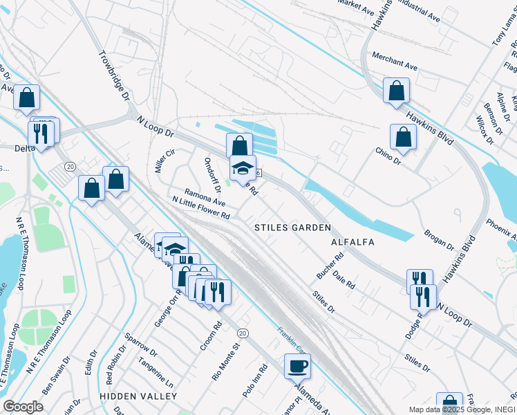 map of restaurants, bars, coffee shops, grocery stores, and more near 7123 Stiles Drive in El Paso