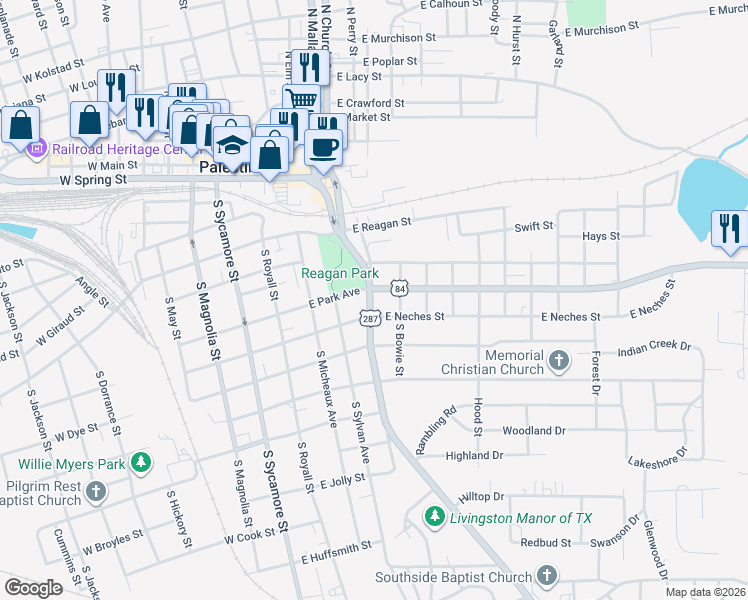 map of restaurants, bars, coffee shops, grocery stores, and more near 503 Crockett Road in Palestine