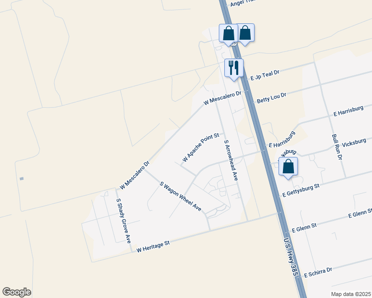 map of restaurants, bars, coffee shops, grocery stores, and more near 501 West Mescalero Drive in Odessa