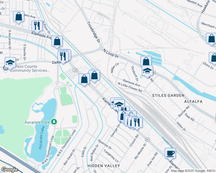 map of restaurants, bars, coffee shops, grocery stores, and more near 114 Flicker Way in El Paso