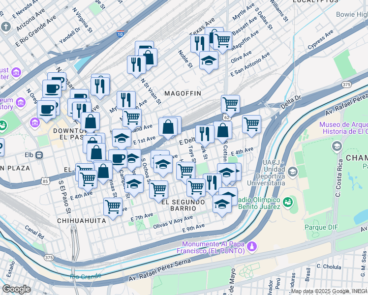 map of restaurants, bars, coffee shops, grocery stores, and more near 309 Tays Street in El Paso