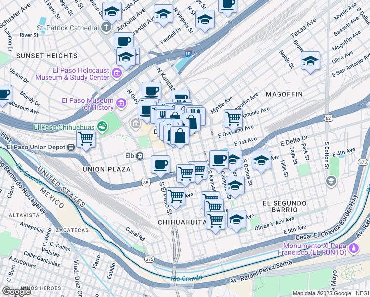map of restaurants, bars, coffee shops, grocery stores, and more near in El Paso