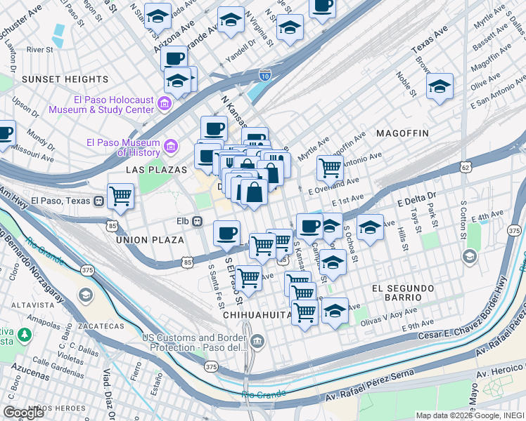 map of restaurants, bars, coffee shops, grocery stores, and more near in El Paso