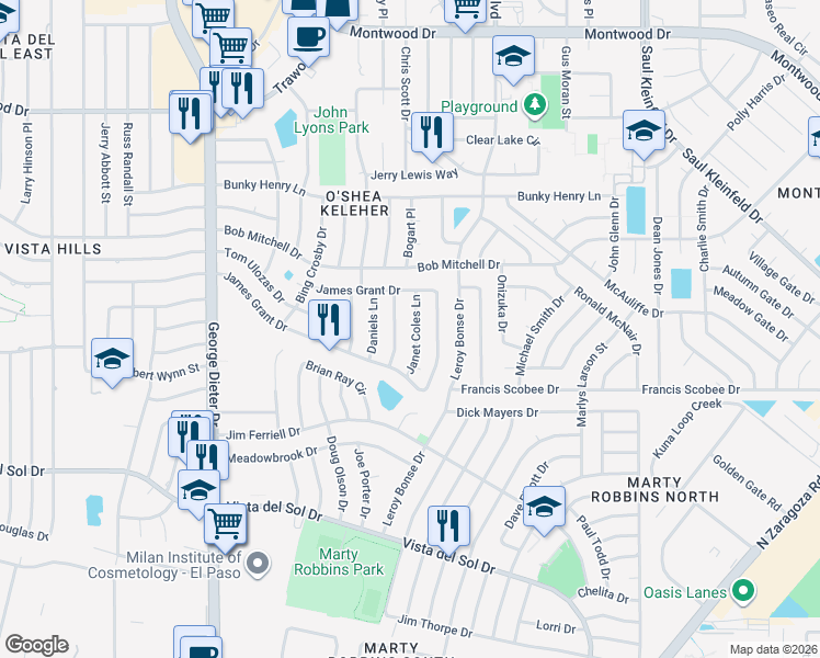map of restaurants, bars, coffee shops, grocery stores, and more near 1686 Donna Caponi Lane in El Paso
