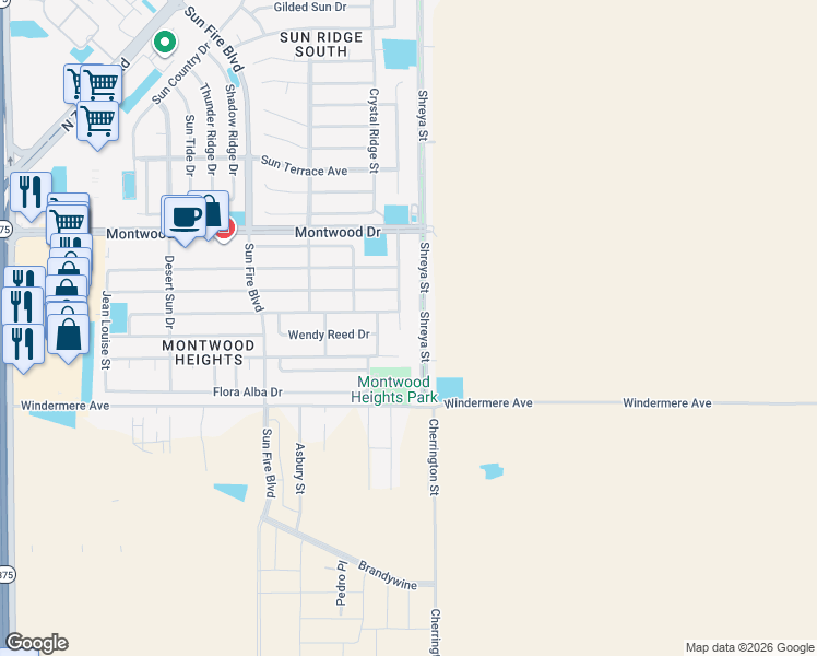map of restaurants, bars, coffee shops, grocery stores, and more near 1824 Shreya Street in El Paso