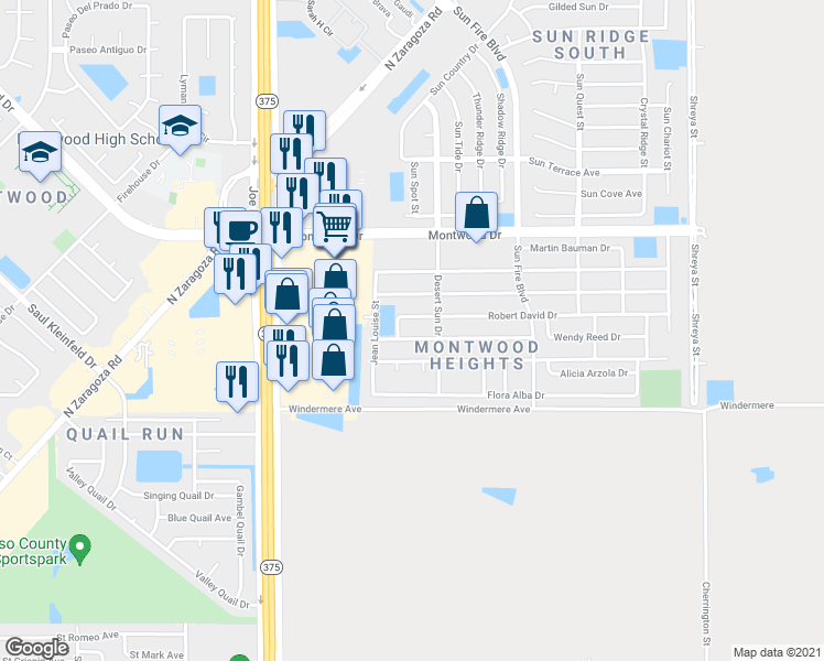 map of restaurants, bars, coffee shops, grocery stores, and more near 12325 Robert David Drive in El Paso