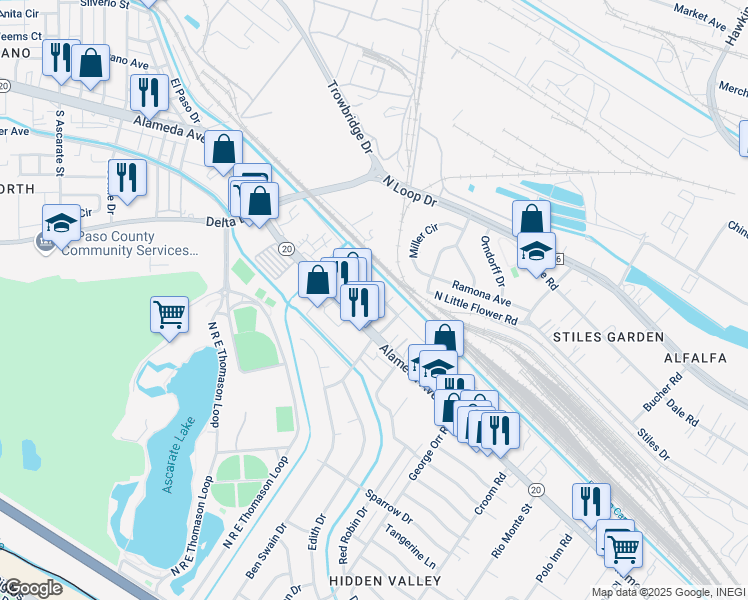 map of restaurants, bars, coffee shops, grocery stores, and more near 114 Flicker Way in El Paso