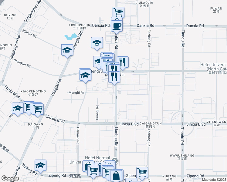 map of restaurants, bars, coffee shops, grocery stores, and more near 1312 Lianhua Road in Hefei Shi