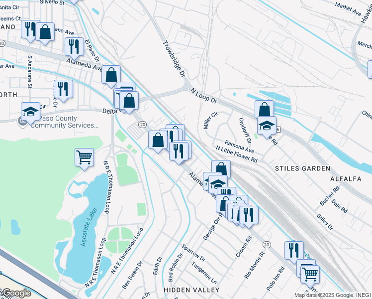 map of restaurants, bars, coffee shops, grocery stores, and more near 114 Flicker Way in El Paso