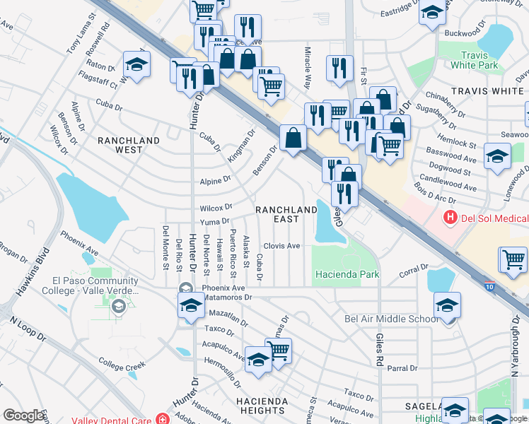 map of restaurants, bars, coffee shops, grocery stores, and more near 7615 Yuma Drive in El Paso
