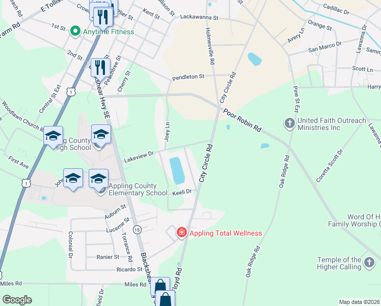 map of restaurants, bars, coffee shops, grocery stores, and more near 338 Lakeview Drive in Baxley