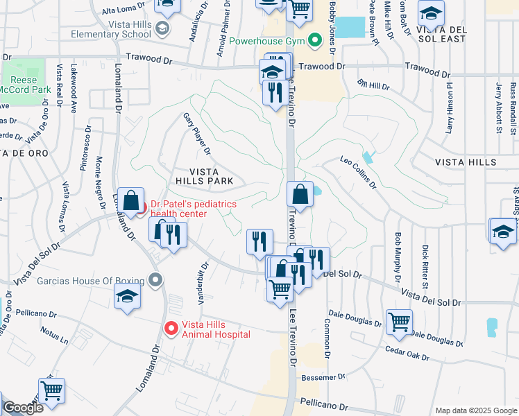 map of restaurants, bars, coffee shops, grocery stores, and more near 1601 Lee Trevino Drive in El Paso