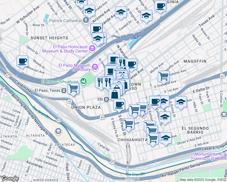 map of restaurants, bars, coffee shops, grocery stores, and more near 115 South El Paso Street in El Paso