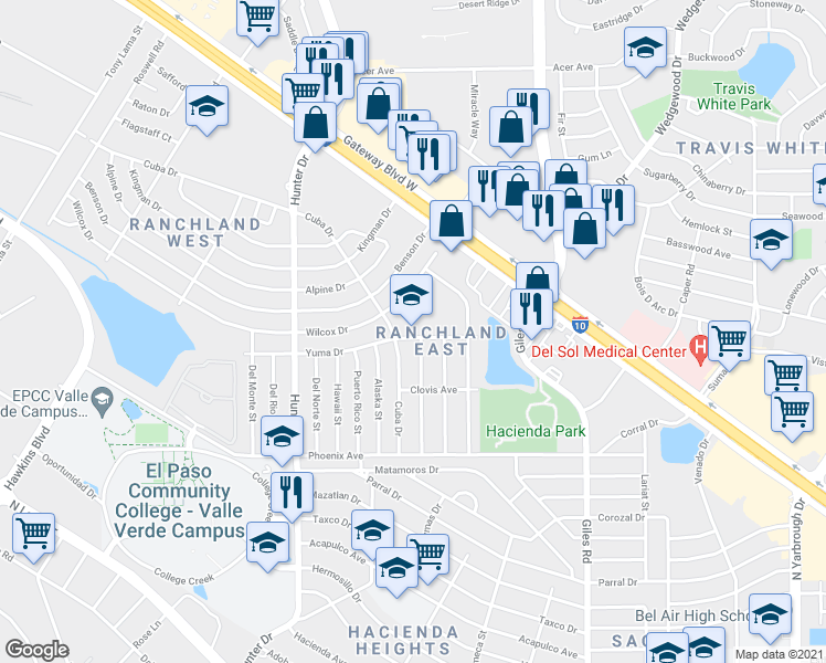 map of restaurants, bars, coffee shops, grocery stores, and more near 7615 Yuma Drive in El Paso