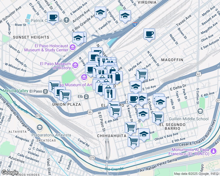 map of restaurants, bars, coffee shops, grocery stores, and more near in El Paso