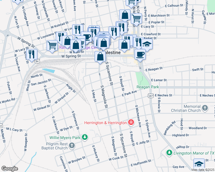 map of restaurants, bars, coffee shops, grocery stores, and more near 115 West Dallas Street in Palestine