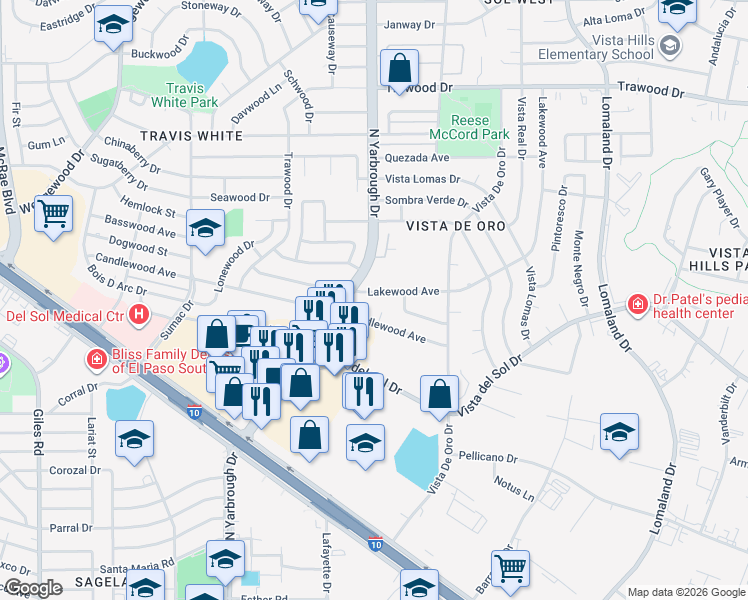map of restaurants, bars, coffee shops, grocery stores, and more near 10612 Lakewood Avenue in El Paso