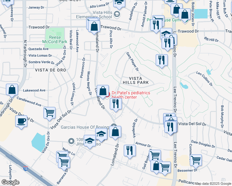map of restaurants, bars, coffee shops, grocery stores, and more near 1620 Bruce Devlin Drive in El Paso
