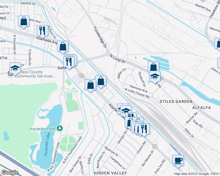 map of restaurants, bars, coffee shops, grocery stores, and more near 114 Flicker Way in El Paso