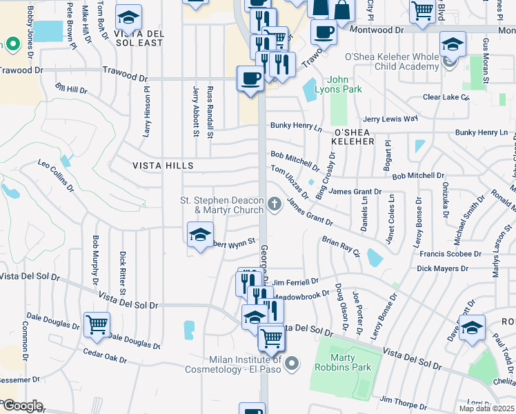 map of restaurants, bars, coffee shops, grocery stores, and more near 11429 Randy Petri Lane in El Paso