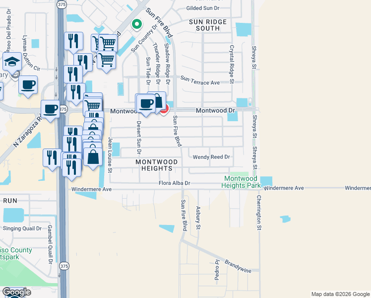 map of restaurants, bars, coffee shops, grocery stores, and more near 1815 Wendy Reed Drive in El Paso