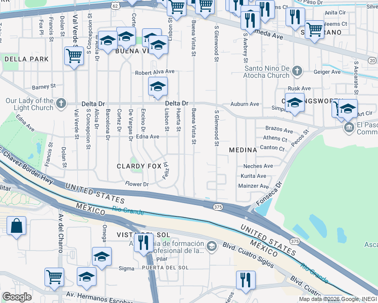 map of restaurants, bars, coffee shops, grocery stores, and more near 624 Huerta Street in El Paso