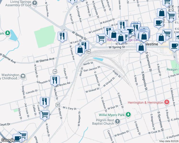 map of restaurants, bars, coffee shops, grocery stores, and more near 908 San Jacinto Street in Palestine