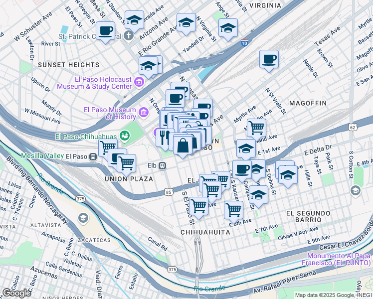 map of restaurants, bars, coffee shops, grocery stores, and more near 118 East San Antonio Avenue in El Paso