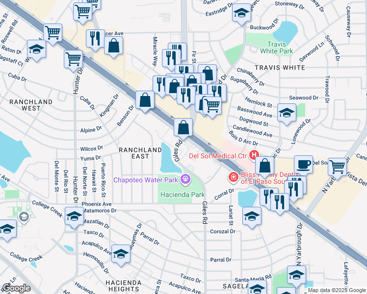 map of restaurants, bars, coffee shops, grocery stores, and more near 7800 Gateway Boulevard East in El Paso