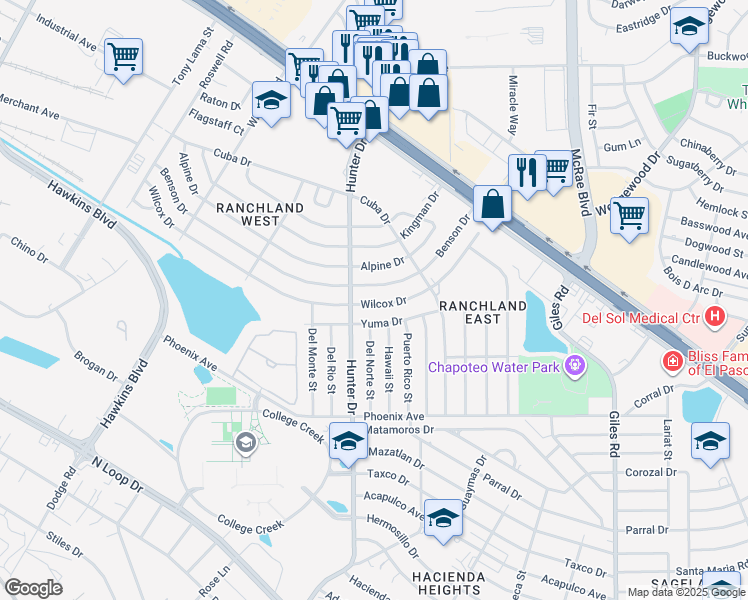 map of restaurants, bars, coffee shops, grocery stores, and more near 7509 Wilcox Drive in El Paso