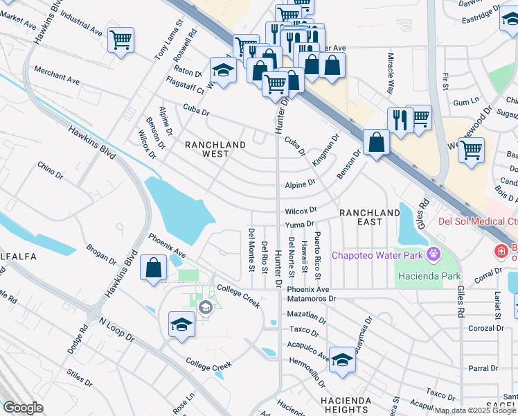 map of restaurants, bars, coffee shops, grocery stores, and more near 7433 Wilcox Drive in El Paso