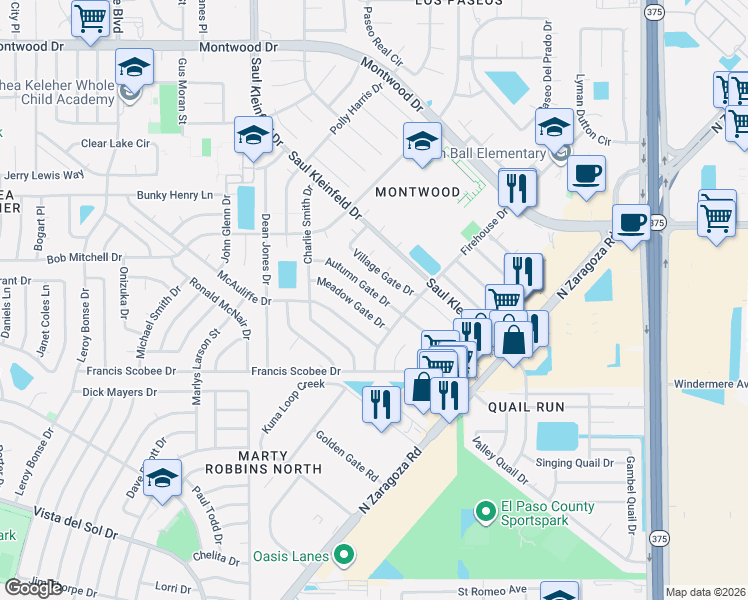 map of restaurants, bars, coffee shops, grocery stores, and more near 12080 Autumn Gate Drive in El Paso