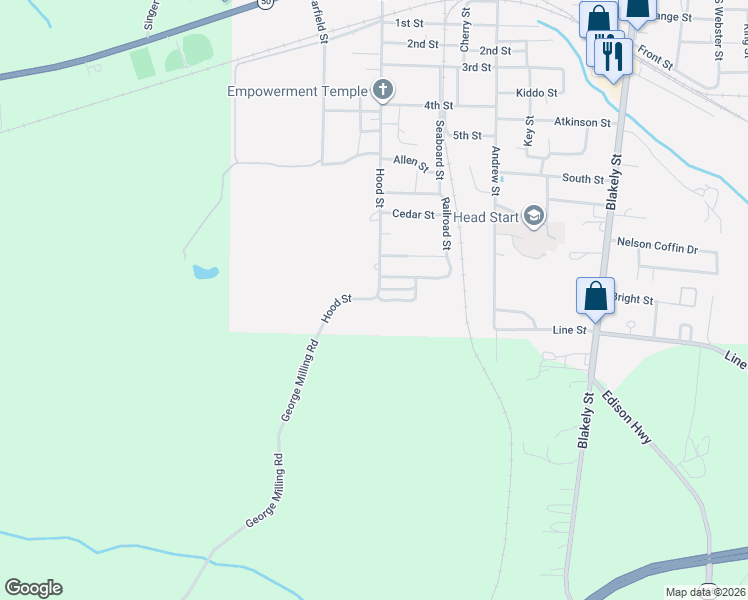 map of restaurants, bars, coffee shops, grocery stores, and more near 59 Hood Street in Cuthbert