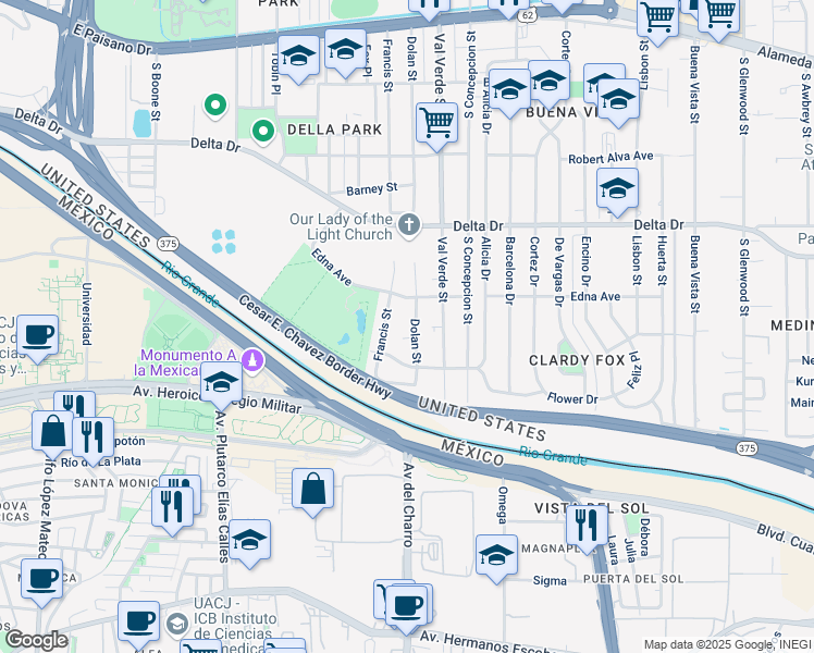 map of restaurants, bars, coffee shops, grocery stores, and more near 623 Dolan Street in El Paso