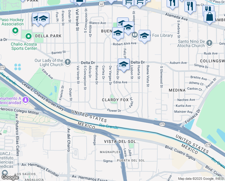 map of restaurants, bars, coffee shops, grocery stores, and more near 620 De Vargas Drive in El Paso